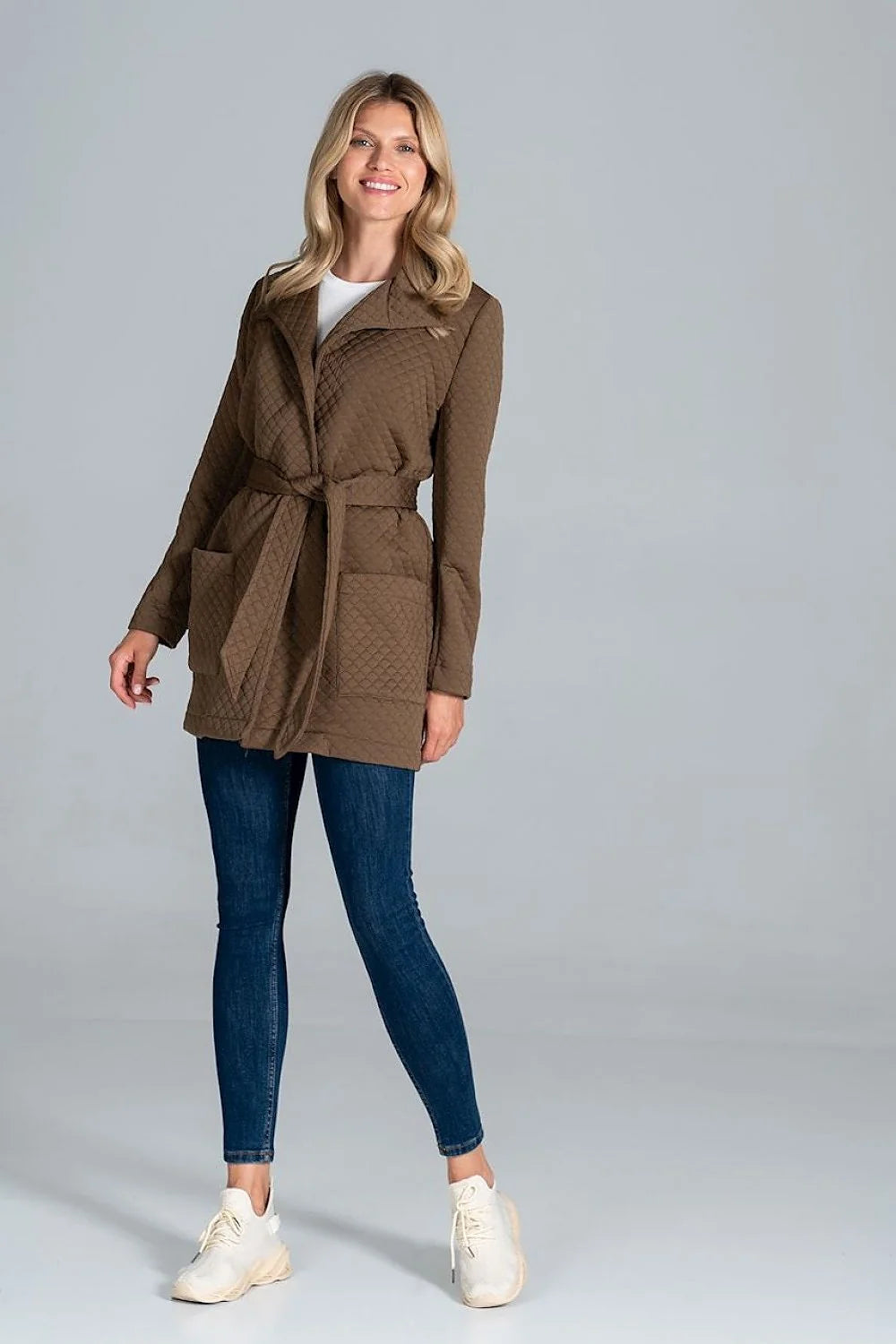 Veste matelassée marron losange ceinture poches avant style décontracté moderne femme hiver chaud