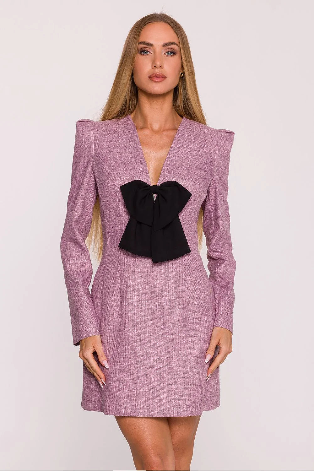 robe mini blazer tweed mélangé rose mauve encolure V profonde épaules structurées manches bouffantes coupe cintrée nœud mousseline