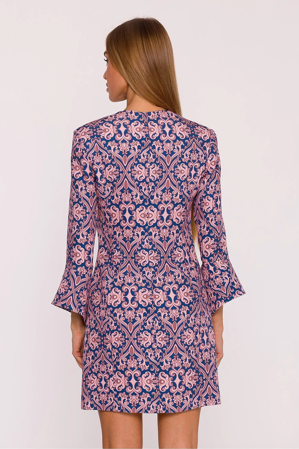 robe courte mini imprimé végétal multicolore baroque damassé rétro chic V manches évasées volants mate coupe cintrée fluide polonaise