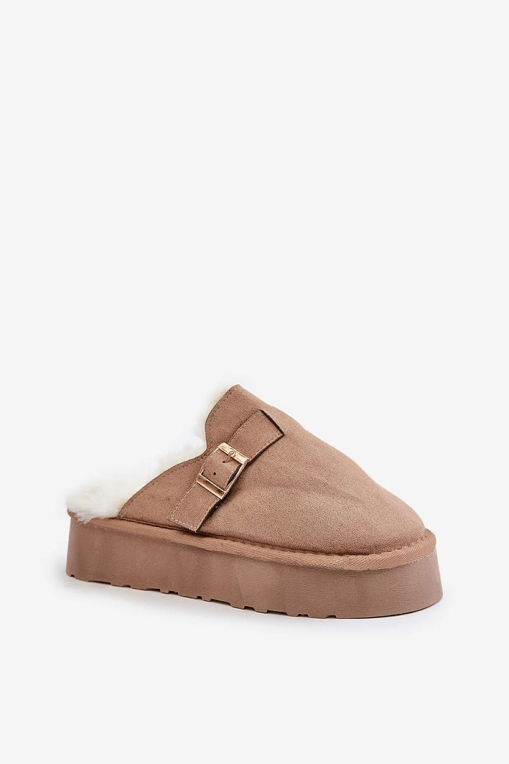 Mules en daim fourrées style moderne pour femmes, beige taupe, semelle épaisse, boucle dorée, confort optimal, idéales pour la maison et les sorties