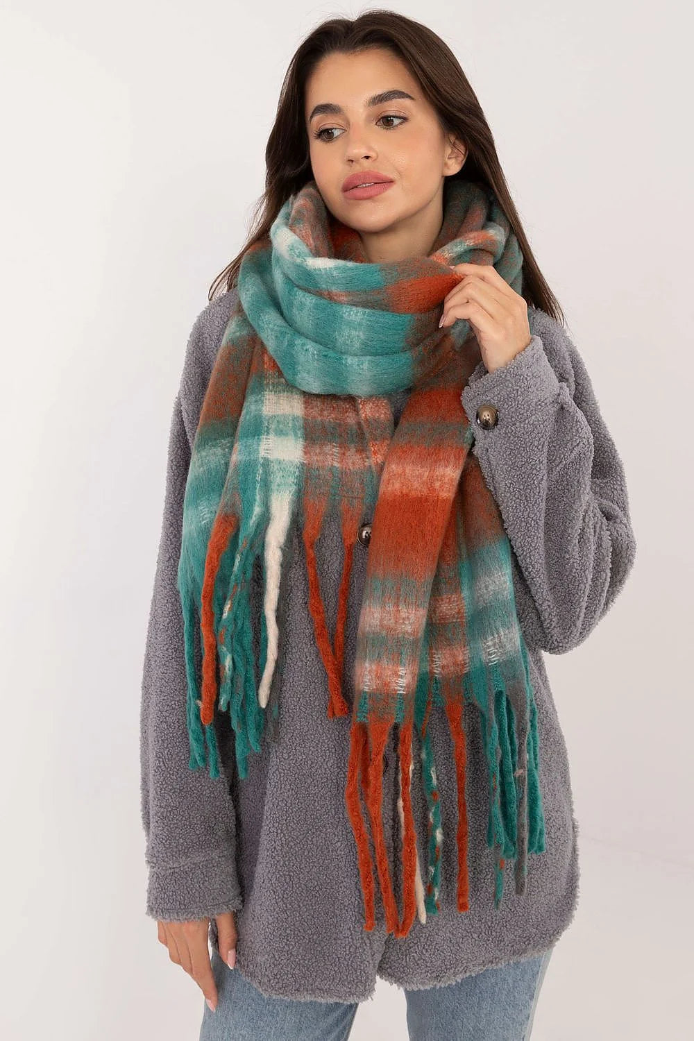 Écharpe pour femme élégante intemporelle motif carreaux couleurs vives longueur 186 cm franges décoratives polyester 100%