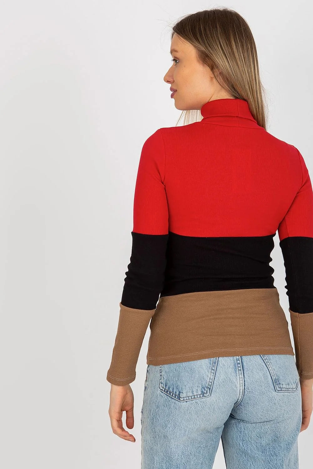 Pull col roulé multicolore maille côtelée coton élasthanne bleu rose vert ajusté manches longues ourlets nets design moderne