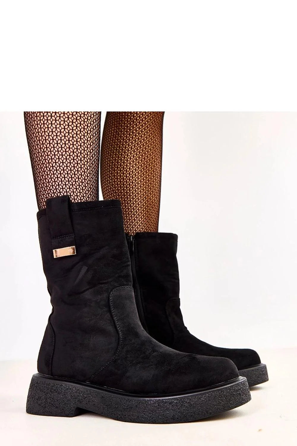 bottines femme mi mollet suédé écologique noir bout rond plateforme 5 cm tige 19 cm doublée chaude semelle caoutchouc texturé