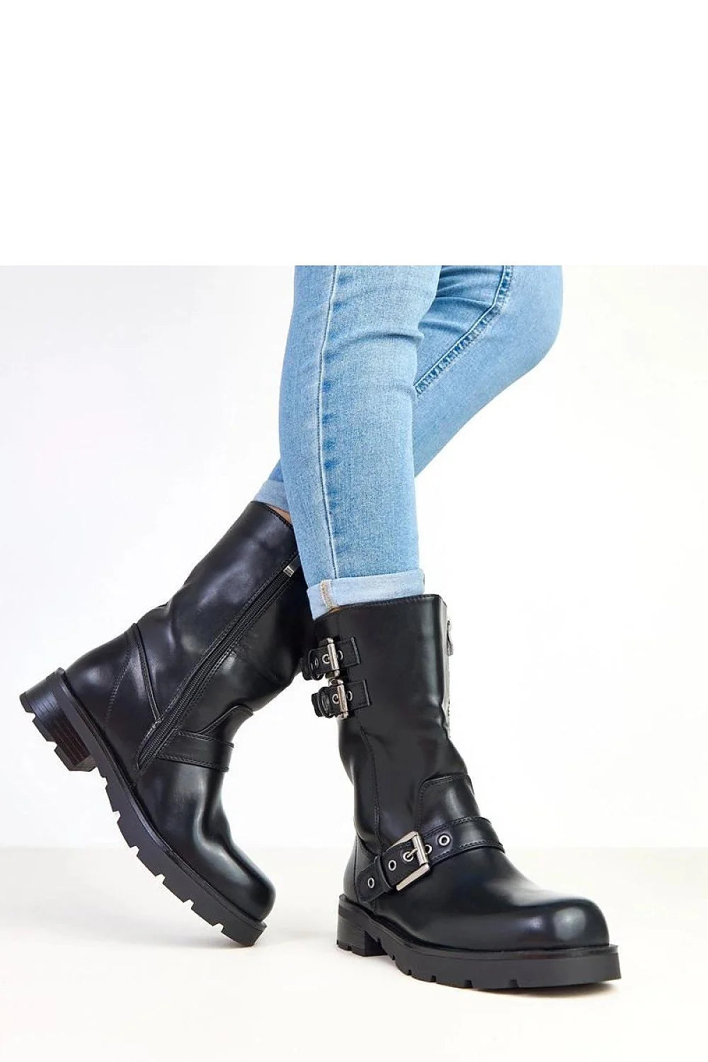 bottes femmes cuir écologique noir lisse biker mi mollet boucles métalliques sangles réglables talon 35mm semelle crantée fermeture éclair confort