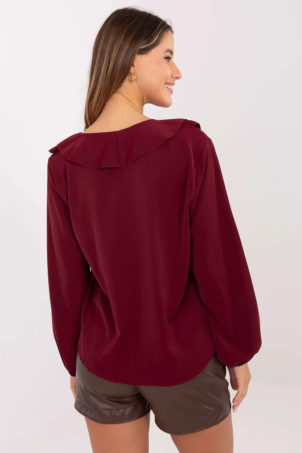 blouse manches longues volants jabot bordeaux fluide viscose polyester elasthanne confortable durable féminine sophistiquée légère poignets élastiqués
