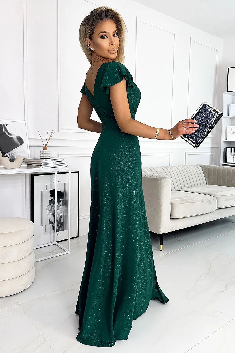 Robe de soirée élégante longue vert émeraude paillettes encolure V fente haute manches courtes tissu élasthanne polyester femme