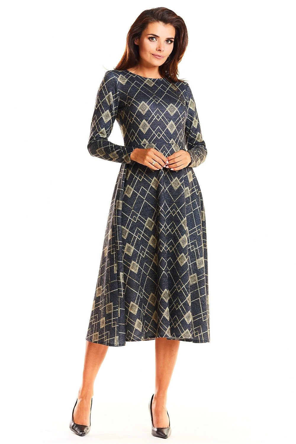 Robe évasée tissée élégante motifs géométriques dorés manches longues bleu marine style moderne féminine