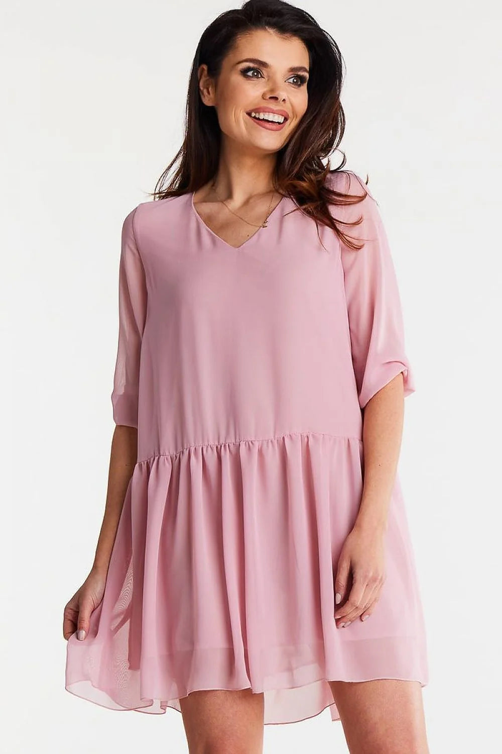Robe de jour féminine ample en mousseline de soie manches 3/4 volant décoratif rose pâle taille ajustable