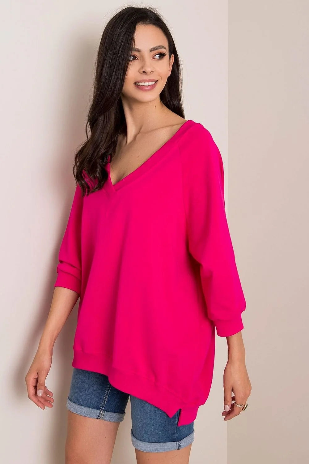 Sweatshirt Rue Paris ample manches longues encolure V couleur brun terre cuite doux respirant féminin