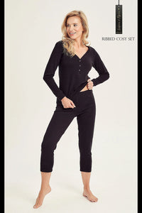 Pyjama coton noir trois-quarts ajusté encolure v manches longues pantalon queue poisson style décontracté femme