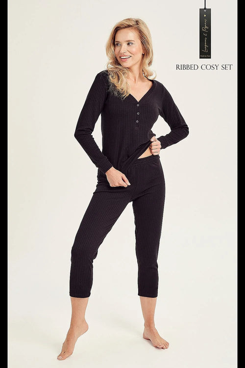 Pyjama coton noir trois-quarts ajusté encolure v manches longues pantalon queue poisson style décontracté femme