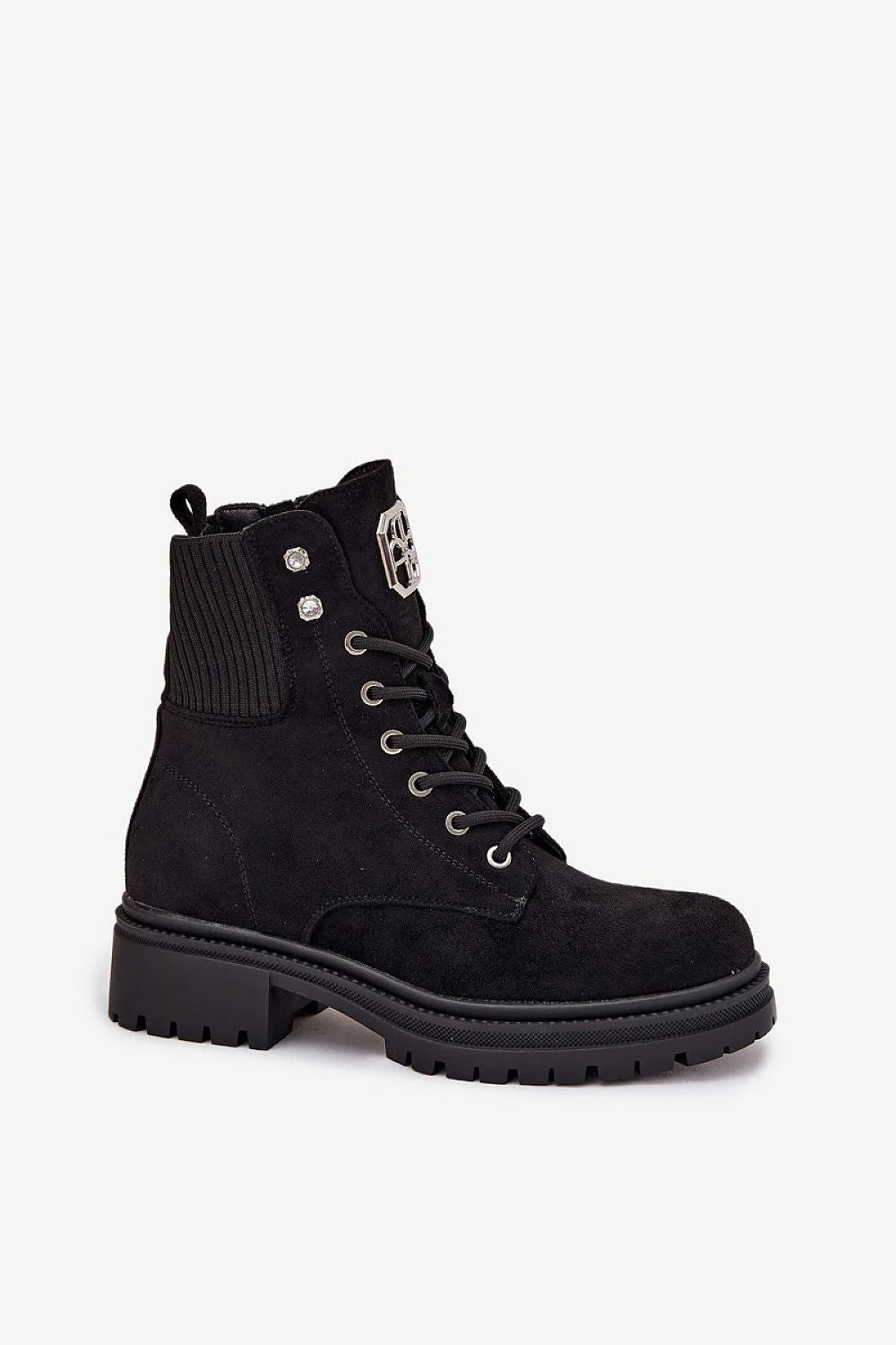 bottines suède écologique femmes noir combat cheville bout rond semelle crantée épaisse talon bloc laçage œillets fermeture éclair doublure douce