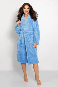 Peignoir doux pour femme en peluche bleu ciel manches longues poches ceinture ajustable détente maison