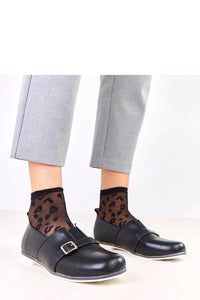 mocassins femme cuir synthétique noir bout rond bride réglable boucle métallique argentée semelle fine blanche contrastante talon plat confort respirabilité