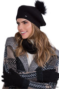 Béret Kamea élégant pour femme en laine doublée pompon éco plaque métallique noir uni tendance mode hiver automne