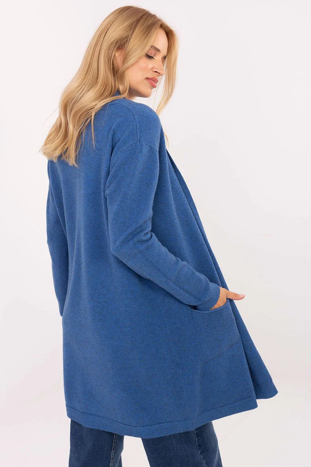 cardigan femme bleu roi col châle maille douce coupe décontractée manches longues poches plaquées bords côtes ourlet mi cuisses