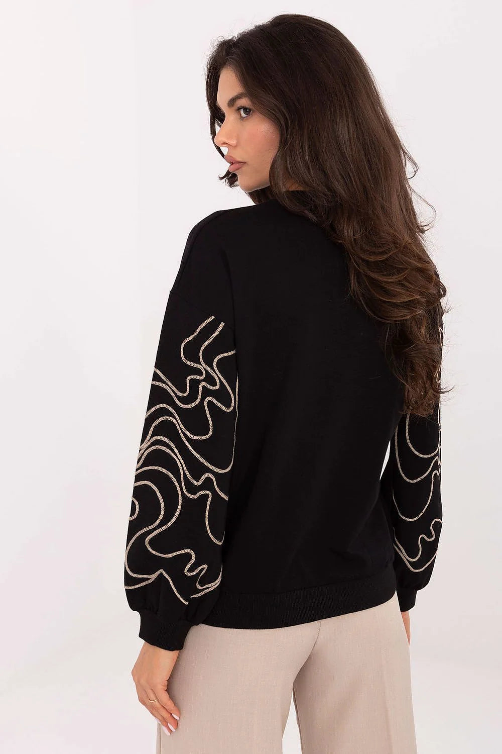 sweatshirt femme noir col rond coupe relaxed manches bouffantes broderies beige lignes abstraites molleton coton stretch base cotelée casual chic
