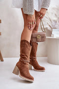 Bottes hautes pour femmes en daim brun style western zippé talon bloc 31 cm confortable