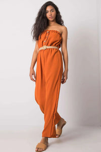 combinaison femme élégante sans manches orange terre cuite coupe large décontractée fluide coton polyester taille haute élastiquée ceinture tressée beige