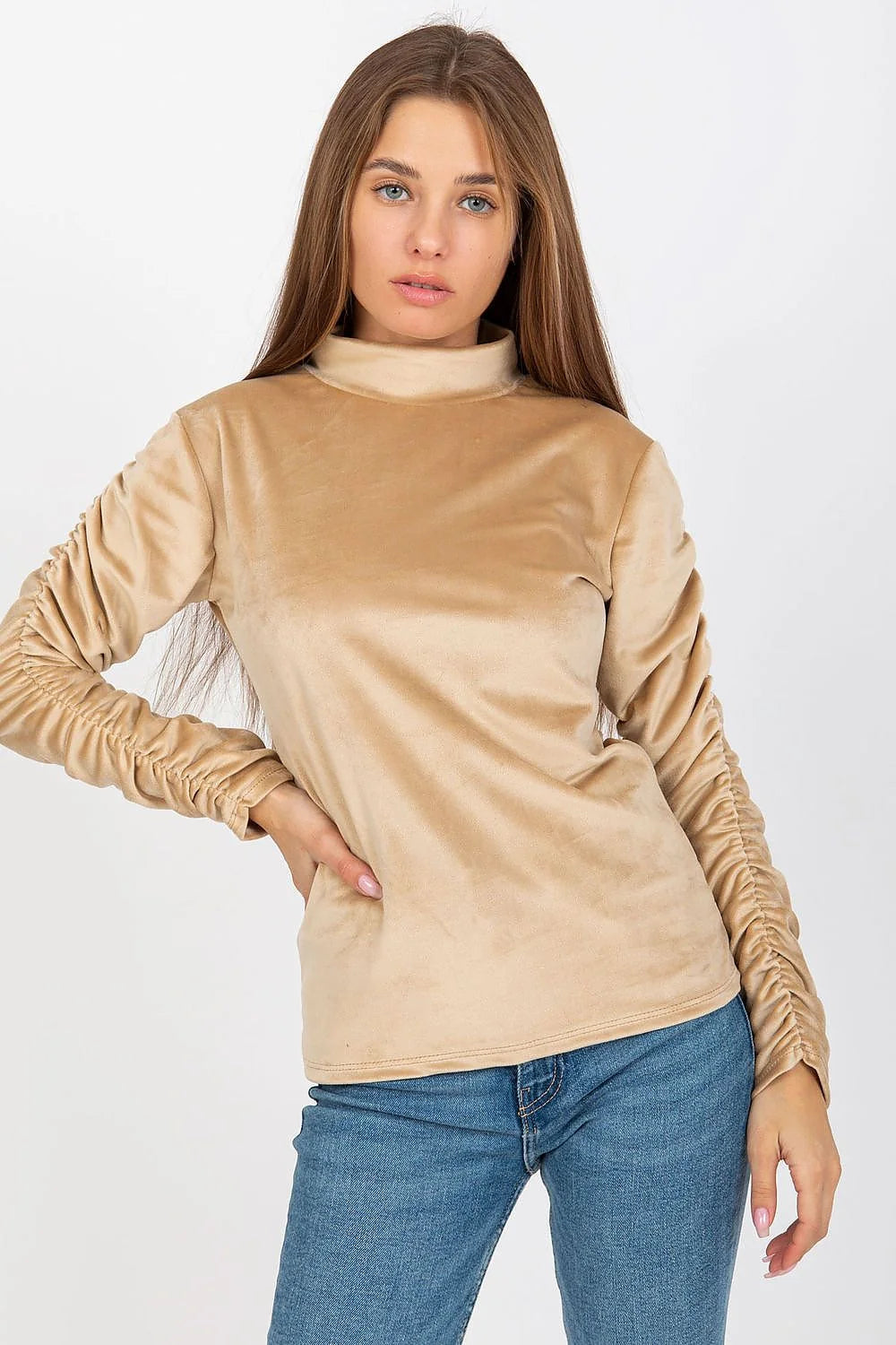 Chemisier velours blanc col montant manches longues coupe droite semi ajustée stretch élégant minimaliste intemporel femme