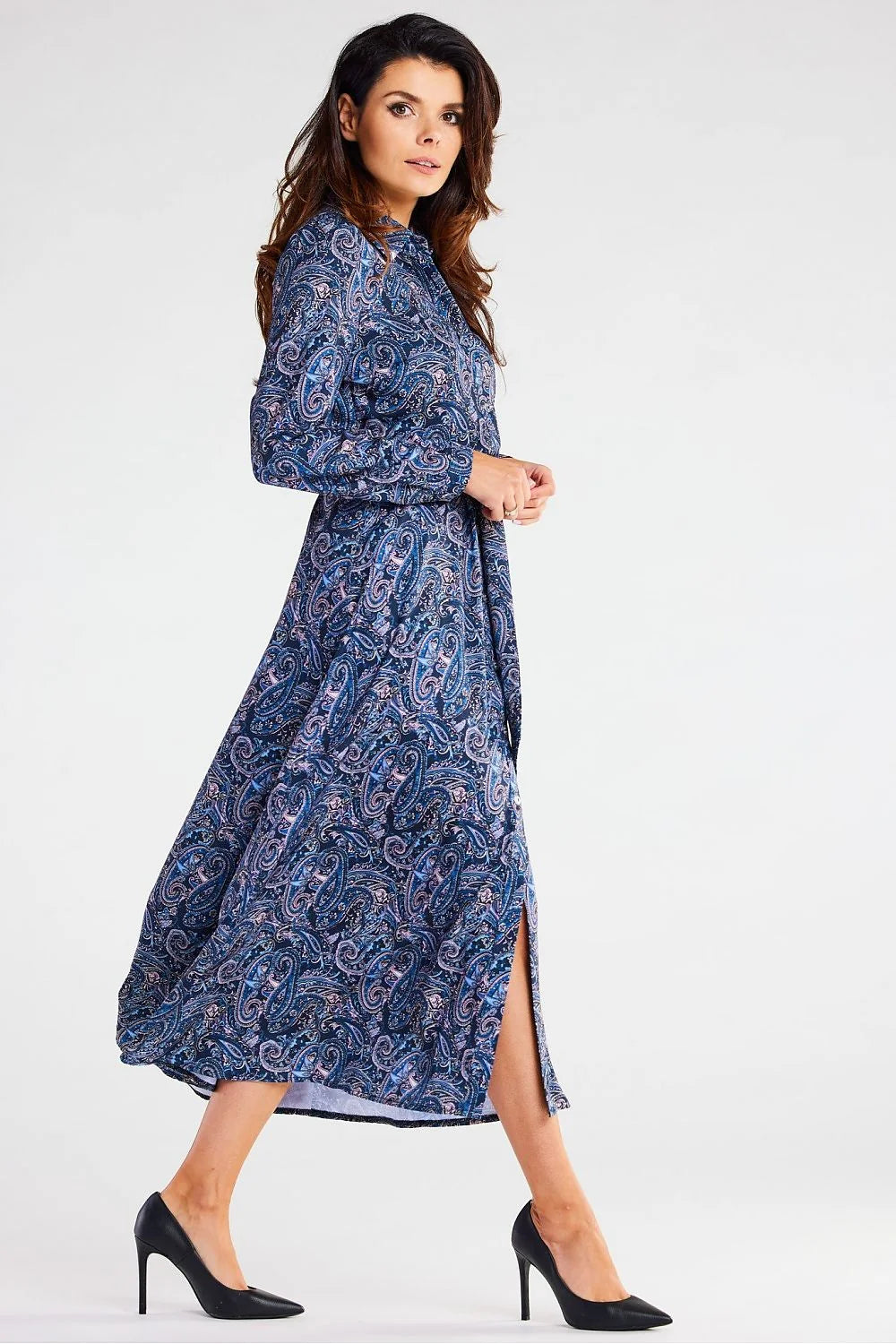 robe awama femme longue chemise manches longues motifs floraux marron caramel fluide ceinture ajustable evasee boutonnage