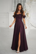 robe longue soirée gala bustier épaules dénudées taille cintrée jupe évasée fente spectaculaire prune pailleté encolure cœur drapée manches tombantes
