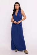 Robe de jour Be Wear longue maille viscose bleu vif encolure V sans manches bijoux dorés