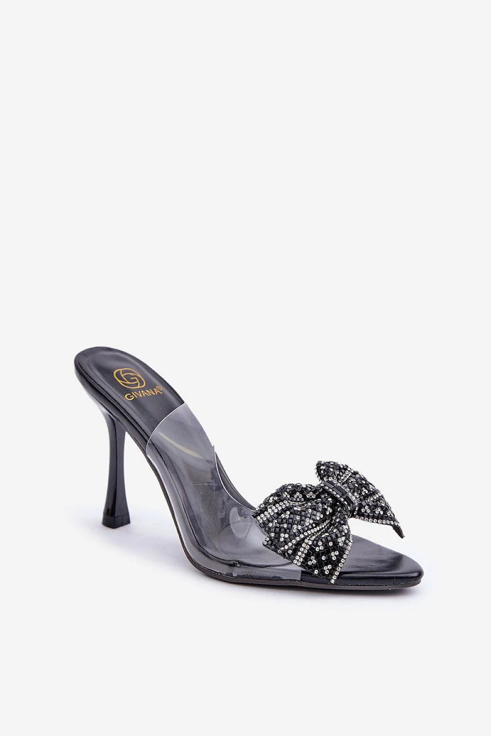 sandales talons transparentes glamour soirée robe cocktail nœud brillant cuir artificiel PVC perles strass aiguilles mule ouvertes noires laquées élégantes