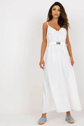 Robe longue été femme décolleté en V bretelles spaghetti ceinture élastiquée blanche polyester robe Casual Chic