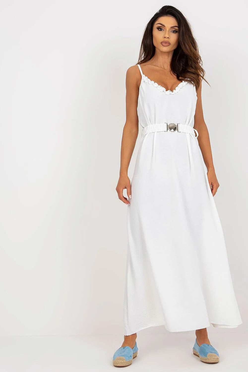 Robe longue été femme décolleté en V bretelles spaghetti ceinture élastiquée blanche polyester robe Casual Chic
