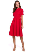 Robe en polyester élasthanne rouge vif élégante manches courtes col rond jupe évasée femme