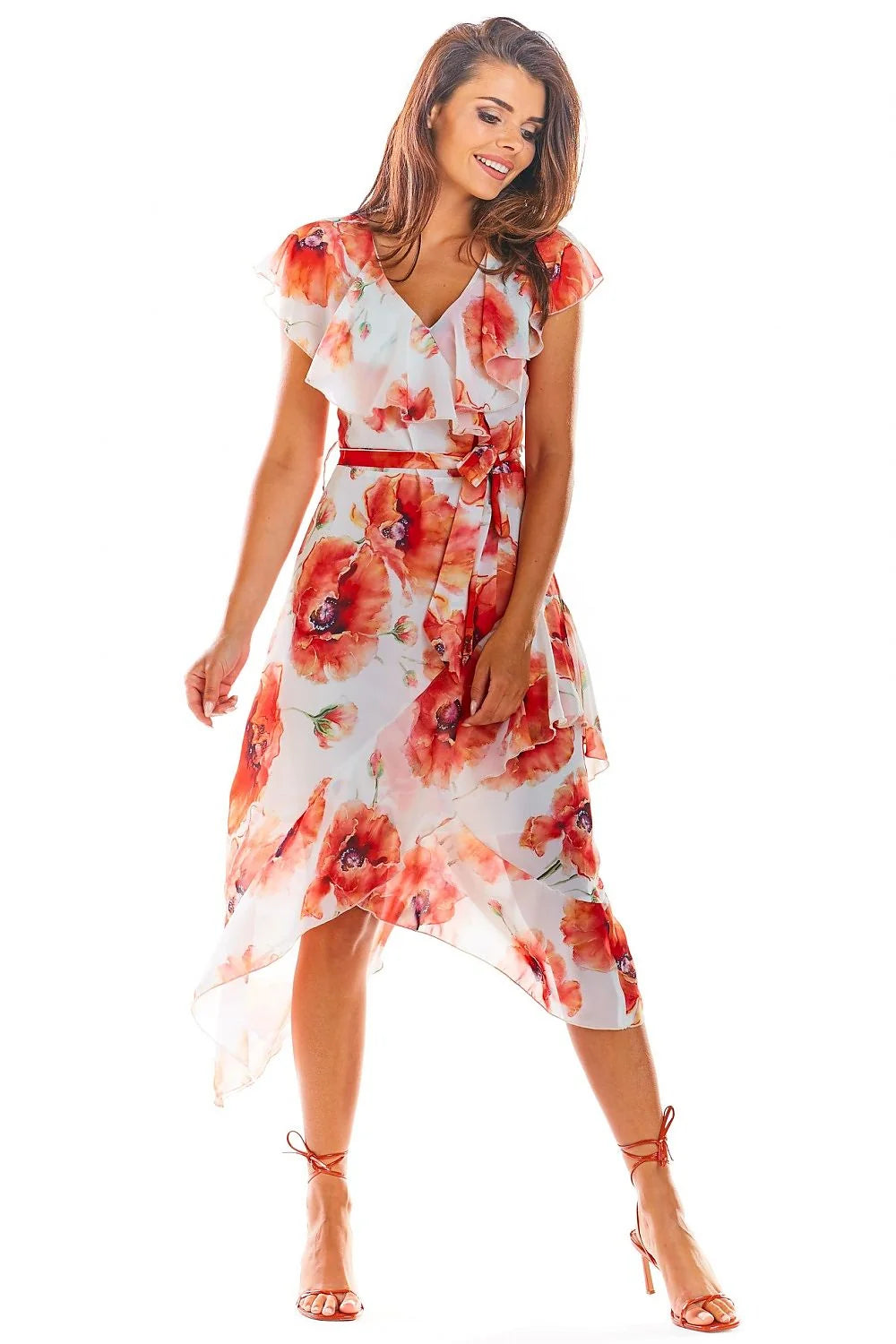 Robe de cocktail élégante asymétrique en mousseline floral manches courtes décolleté V ceinture ajustable femme