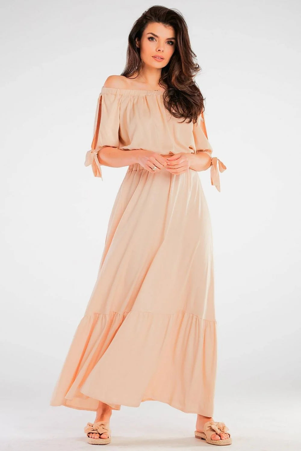 Robe longue élégante rouge viscosé femmes volants manches courtes taille élastiquée dos nu style été