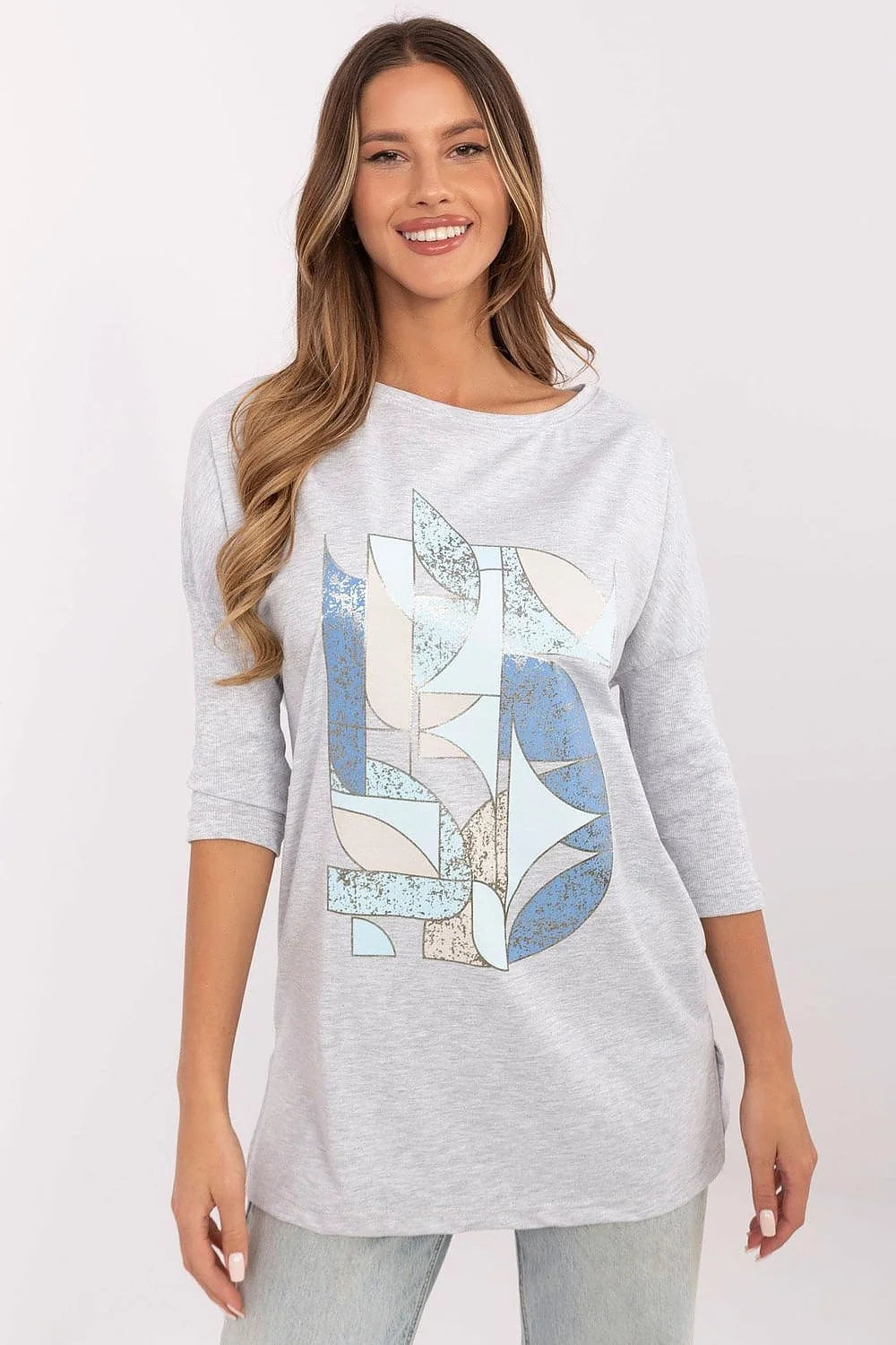 Chemisier femme mode casual élégant coton élasthanne col rond manches 3/4 imprimé géométrique abstract light gray pastel blue beige crème