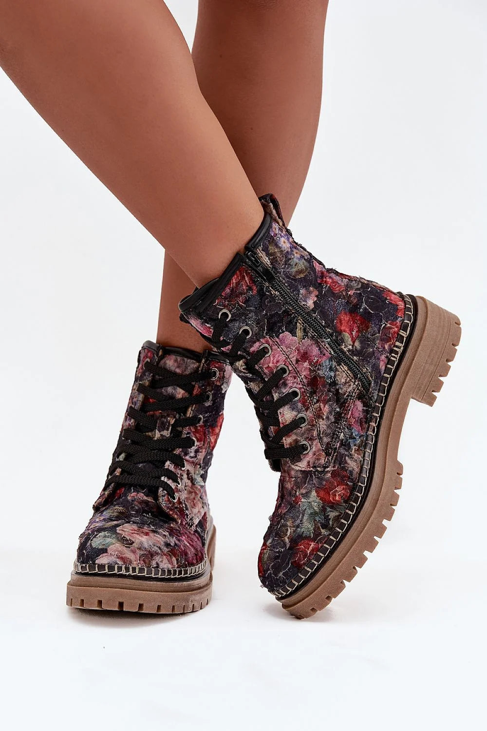 Artiker bottines montantes rangers velours tapisserie florale relief3D lacets fermeture éclair latérale col rembourré doublure chaude semelle crantée sable surpiqûre