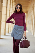 Ensemble mode femme chic col roulé bordeaux jupe asymétrique gris tissu结构 longueur courte occasion ville professionnelle