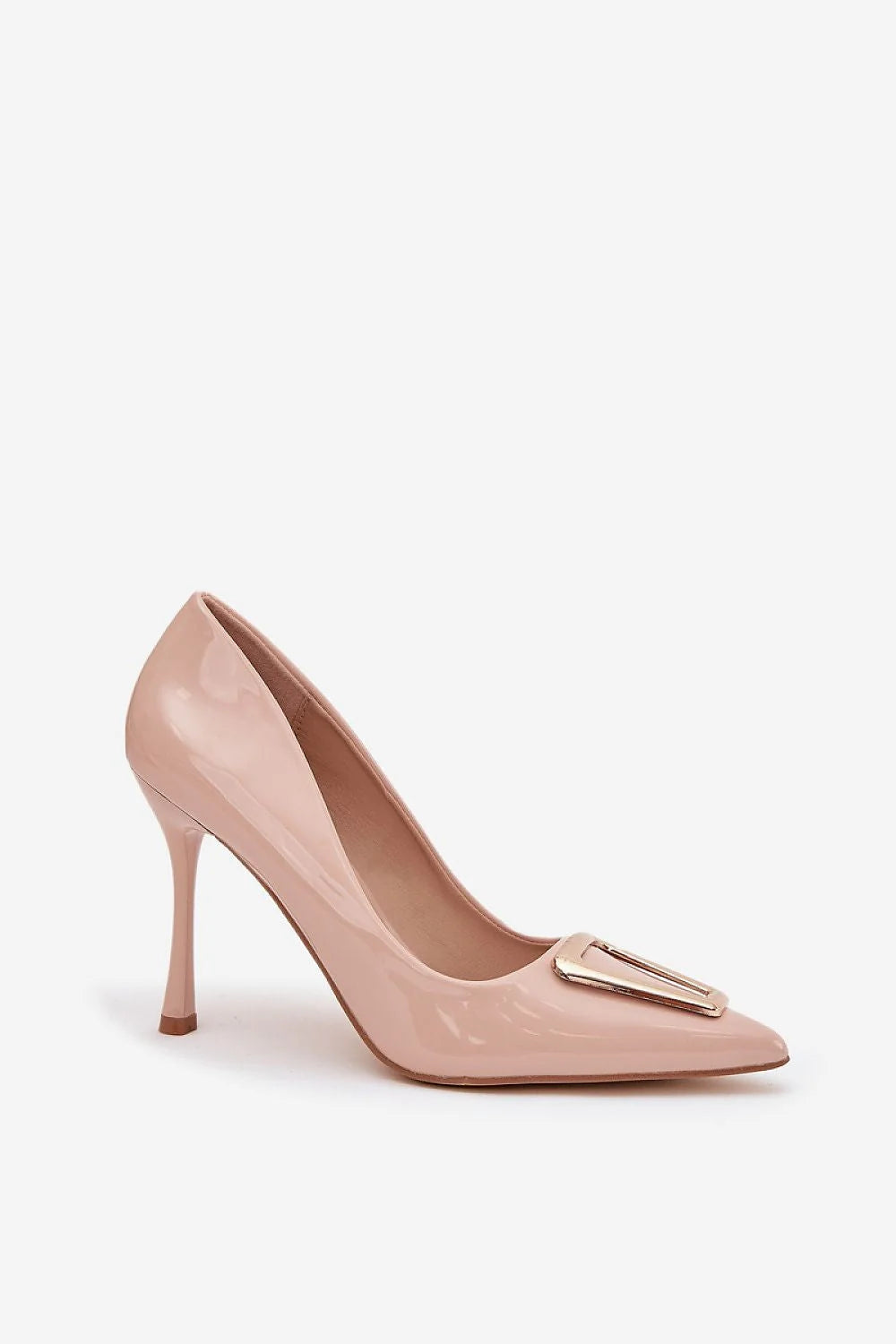 escarpins femme simili cuir vernis nude rosé bout pointu silhouette fuselée talon aiguille dorée boucle géométrique semelle souple élégant sophistiqué