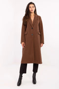 manteau long femme coupe droite midi brun chocolat tailleur col cranté épaules structurées poches rabats doublure légère polyester intemporel