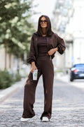 ensemble femme coton stretch doux bomber zippé court marron chocolat manches bouffantes top côtelé ajusté taille haute pantalon jambes évasées