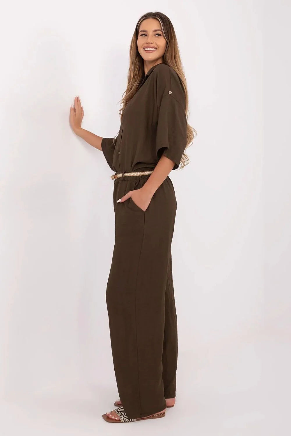 combinaison femme bohème marron profond lin coton léger respirant ample jambe large taille haute ceinture tressée poches latérales