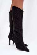 cuissardes femmes noir suédine écologique tige haute cowboy broderies décoratives fermeture zippée bout pointu talon aiguille élancé coupe féminine sensuelle
