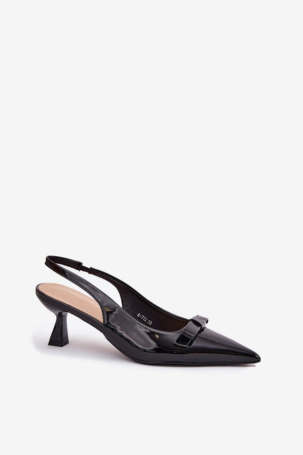 sandales talons cuir artificiel noir vernis pointu slingback bride arrière réglable kitten évasé bas élégant raffiné sophistiqué noeud délicat brillant