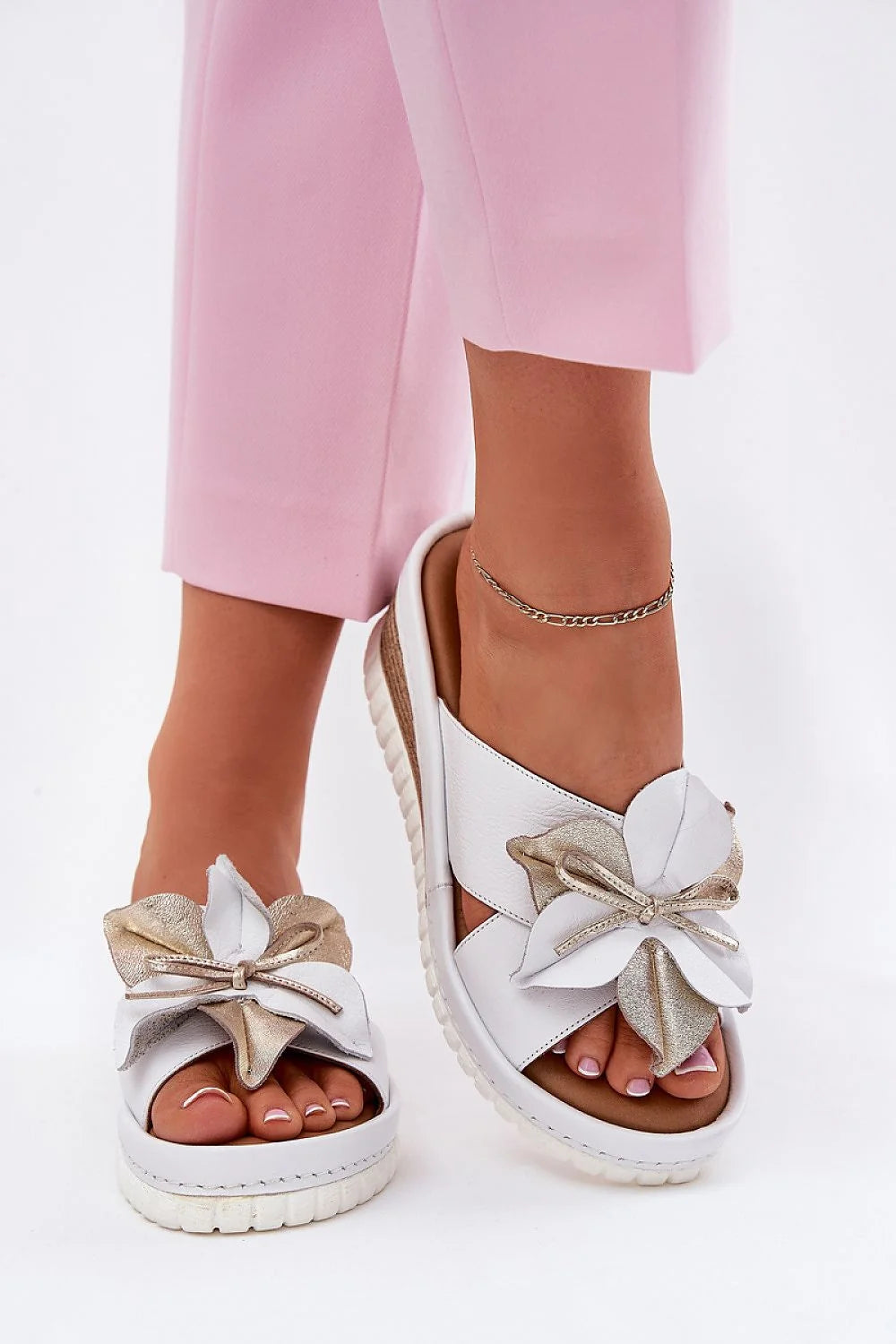 Mules femmes style floral blanc doré cuir naturel 7 cm talon compensé été décontracté élégant