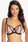 Soutien-gorge féminin élégant style balconnet motif géométrique tulle rose pâle ruban noir construction SB6 femmes occasion spéciale lingerie high-tech