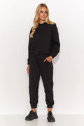 ensemble Makadamia femme noir sweatshirt pantalon jogger oversize col rond molleton doux taille élastique chevilles côtelées poches latérales broderie tonale