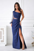 Robe de soirée élégante longue manches longues dentelle sequins bleu marine taille ajustable femme