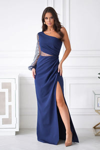 Robe de soirée élégante longue manches longues dentelle sequins bleu marine taille ajustable femme