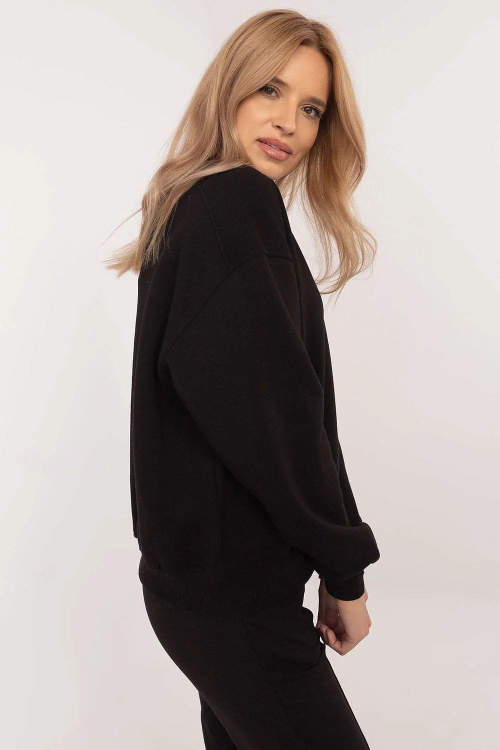 Sweatshirt Femme Style Décontracté Manches Longues Tissu Mixte Coton Polyester Coupe Amples Épaules Tombantes Ourlet Bord-Côte Noire Polyvalente Confort