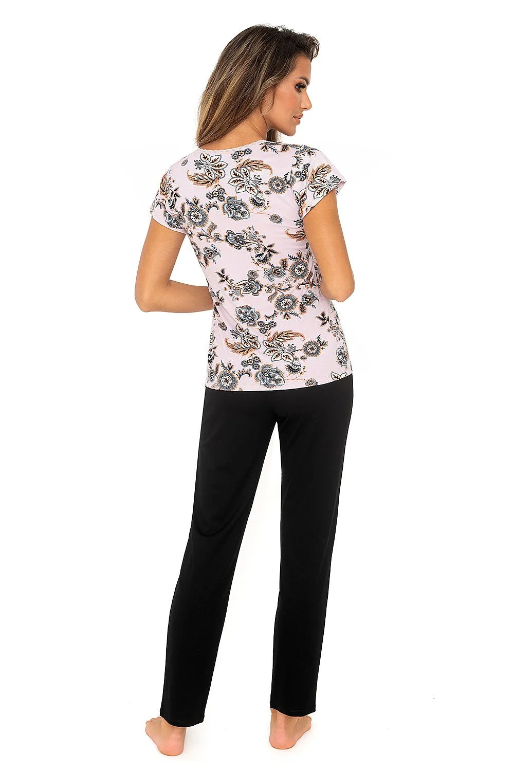 pyjama femme deux pièces viscose imprimé floral rose pâle haut manchescourtes colV pantalon noir coupe droite tailleélastique noeudsatine confortable élégant