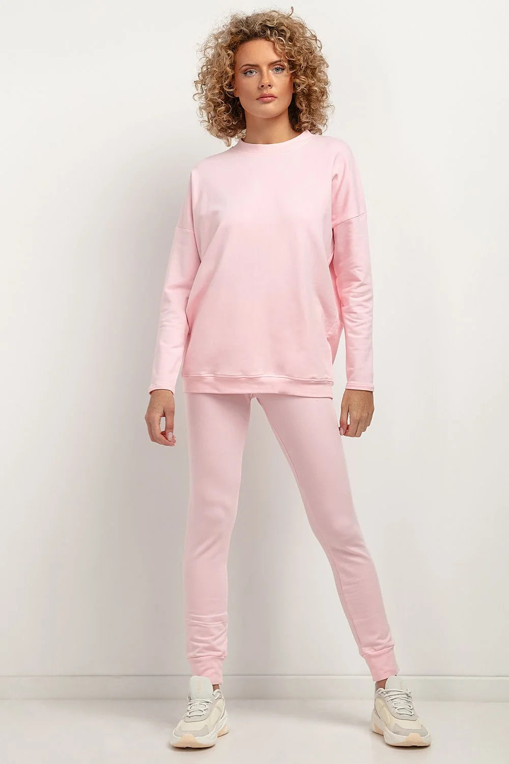 Ensemble casual femme rose pastel coton polyester coupe décontractée taille élastique manches longues haut plissé pantalon assorti